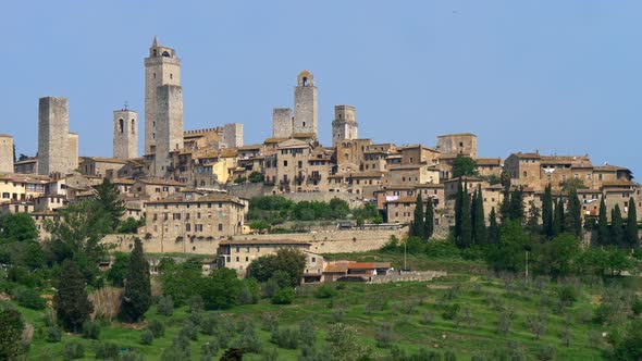 Panorama of San Gimignano Towers. Shot From Outside of Town Walls. San Gimignano, Italy