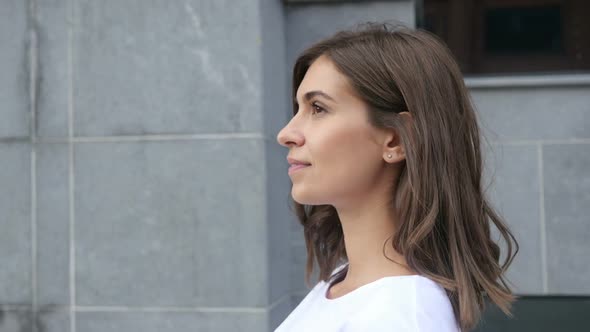 Walking Successful Beautiful Girl, Outside Office, Side View