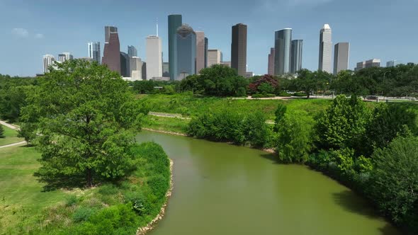 Buffalo Bayou River. Aerial with downtown Houston Texas skyline cityscape and skyscrapers.