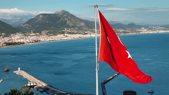 Turkish flag aerıal vıew 4 K Turkey Alanya