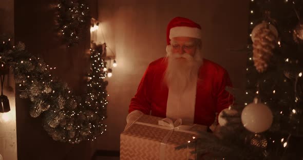 Santa Claus Brings Gifts Under the Christmas Tree for Children. Give Gifts To Children on Christmas