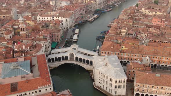 Aerial view of Rialto Bridge: the oldest bridge on Grand Canal in Venice, Italy