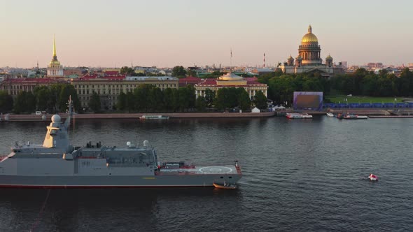 Aerial Morning Urban Landscape with Warships in the Waters of the Neva River Before the Holiday of