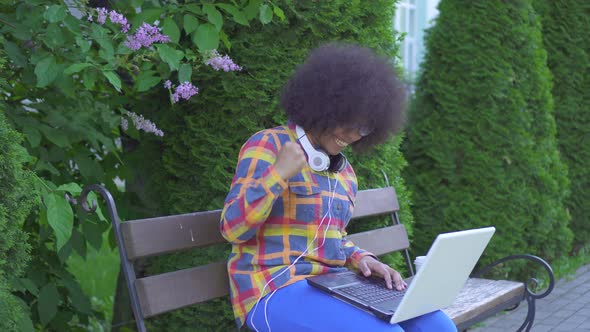 Black American Woman with an Afro Hairstyle Uses a Laptop Happy To Win