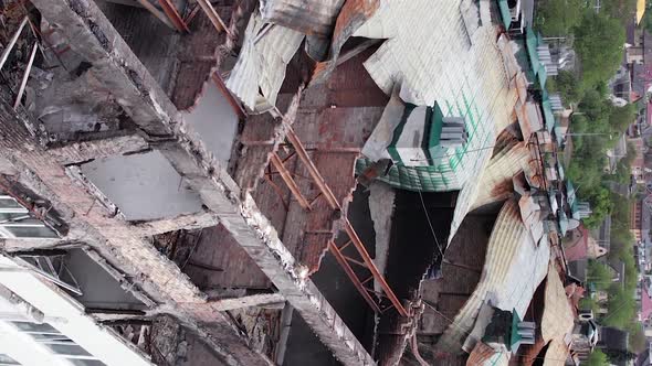 Vertical Video of a Wartorn Building in Ukraine