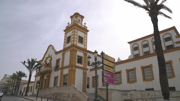 A building with orange details