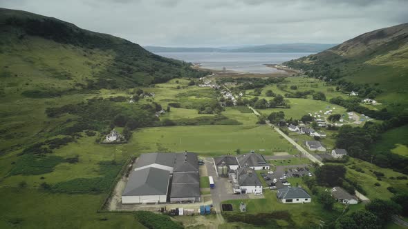 Scotland Aerial View Whiskey Distillery Loch Ranza Greenery Village Mountain Valley Camp Town