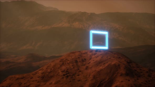 Neon Portal on Mars Planet Surface With Dust Blowing alt