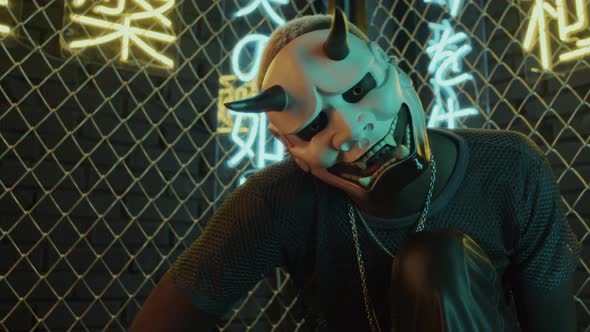Cyberpunk Guy in Demon Mask