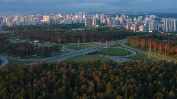 Aerial View of a Busy Motorway Interchange with a Lot of Traffic