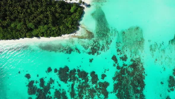 Aerial nature of tropical shore beach adventure by shallow ocean with white sandy background of a da