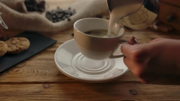 Closeup of Cappuccino Preparation with Froth Milk