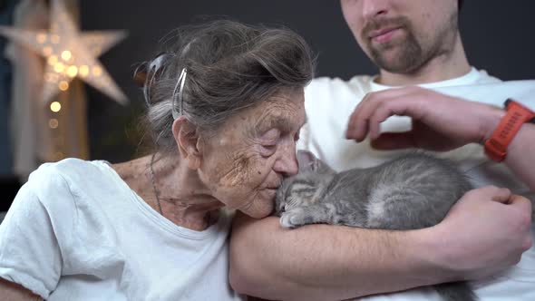 Male Assistant Volunteer and Senior Woman with Cute Kitten Cat with Lovely Moment Pet and an Old