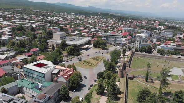 Aerial view of Telavi city center. flying over Batonis Tsikhe