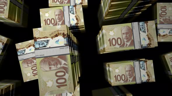 Flight over the Canadian Dollar money banknote packs loop
