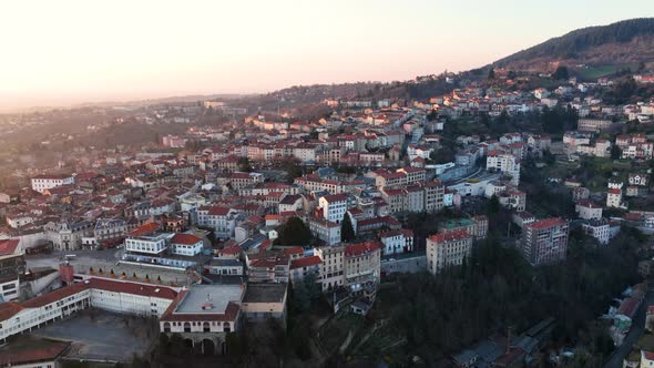 Aerial View of Dense Historic Center of Thiers Town in PuydeDome Department AuvergneRhoneAlpes