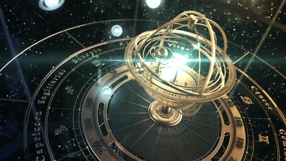 Armillary Sphere And Zodiac Astrology Signs On Background Of Starry Sky