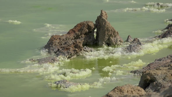 The colorful landscape of lake in Crater of Dallol Volcano. Sulphur pools of mineral in Ethiopia.