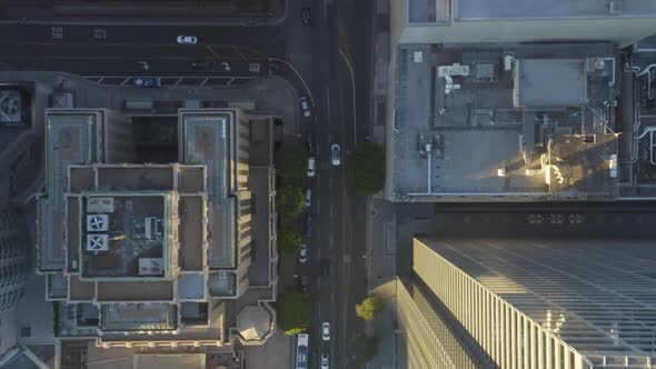 AERIAL: Slow Birds Eye View Flight Over Downtown Los Angeles California in Beautiful Sunrise Light