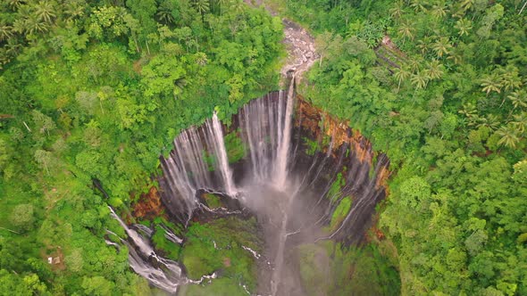 Aerial view of Tumpak Sewu Waterfall, Indonesia.
