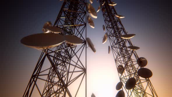 Endless animation of communication tower with uprising camera. Loopable. HD