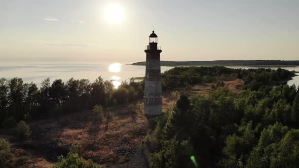 Landmark of Ladoga lake, old light house on Heinaluoto island, aerial shot