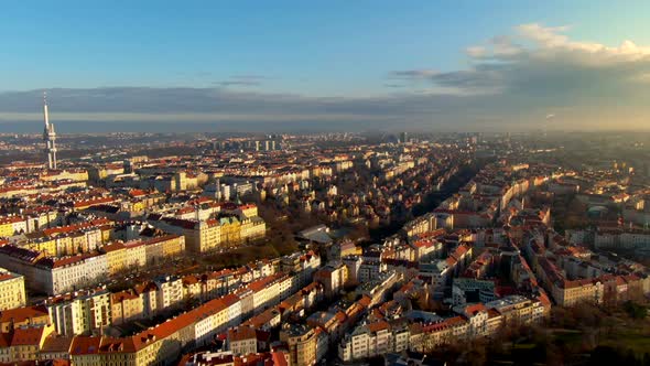 fly over prague warm light clouds drone