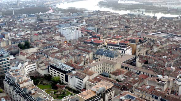 Bordeaux Garonne river and St. Andrew Gothic Cathedral in France during overcast daytime, Aerial ret