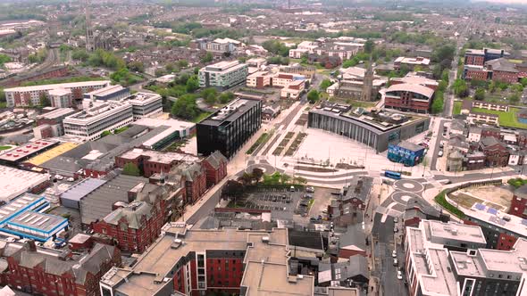 Aerial view of the new roundabouts in front of the University of Central Lancashire in Preston