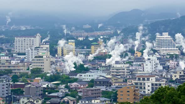 Beppu, Japan cityscape with hot spring bath houses