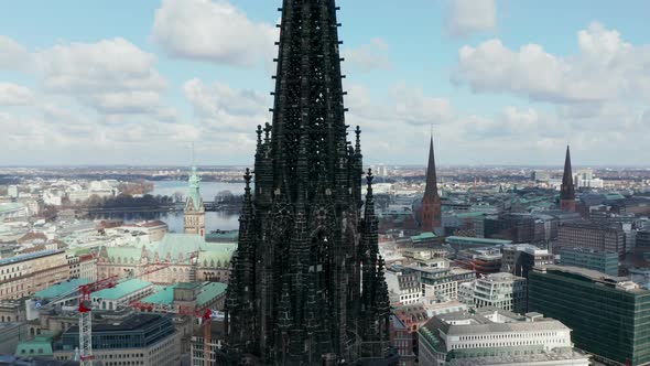 Aerial Close Up View of Dark Charred Spire of St