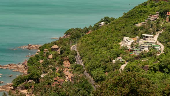 Aerial close up view of road and villas on sea coasta of Koh Samui, Thailand