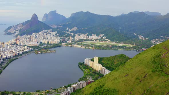 High view arial shot over Rio De Janeiro in Brazil
