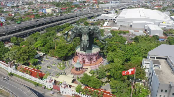 Aerial view of Erawan Museum is a Elephant head sculpture with 3 heads. Tourist attraction