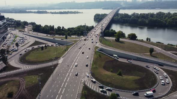 overpass. heavy traffic of cars. The city of Kiev. aerial.