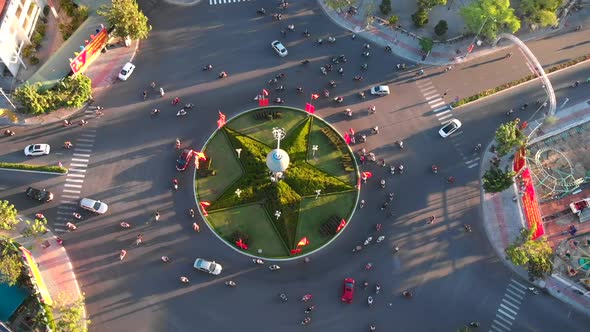 Passing Cars and motorcycles.Top View in the City on the Ring road.Active Traffic Vehicles Cars and