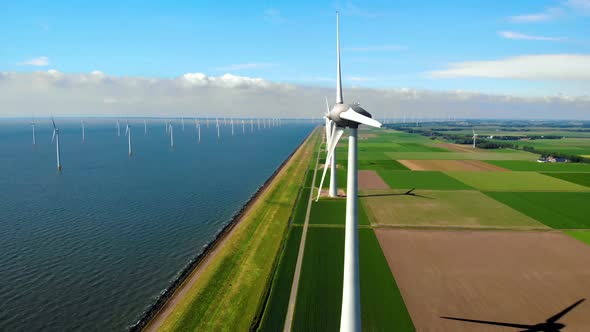 Windmill Park in the Ocean Drone Aerial View of Windmill Turbines Generating Green Energy Electric