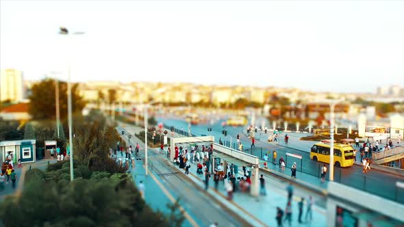 Time Lapse Crowded Pedestrian Crossing in Big City. High Angle Shot with tilt and shift effect