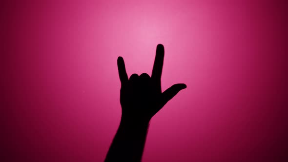 Man Showing Rock and Roll Gesture with Fingers Isolated on Pink Background