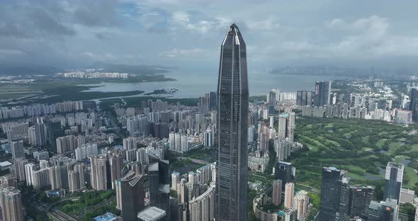 Aerial footage of cityscape and traffic jam during holiday in downtown of shenzhen city, China