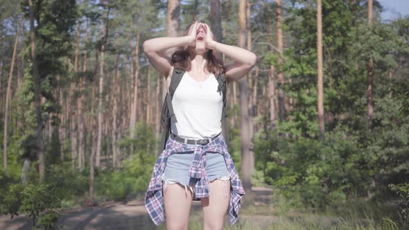 Portrait Pretty Scared Young Woman Gets Lost in the Forest, She Calling for the Help. The Girl