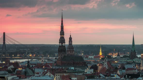 Riga, Latvia, The Roofs of the Old City at Sunset, Time Lapse