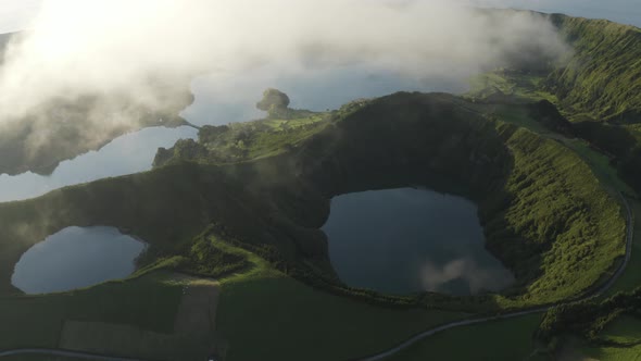 Aerial View of Volcanic lake Lagoa de Santiago, Candelaaria, Azores, Portugal.