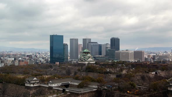 Osaka Castle Skyscrapers Background Timelapse