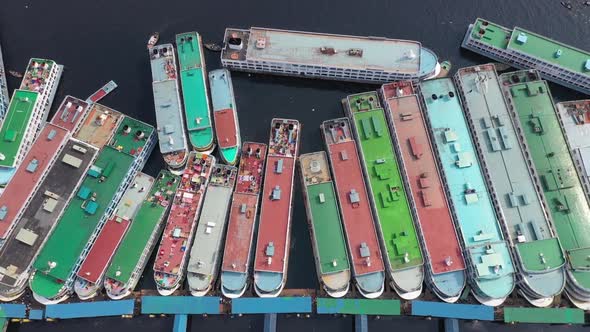 Aerial view of ships along Buriganga river in Dhaka, bangladesh.