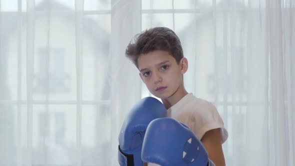 Close-up Face of Serious Caucasian Boy Standing in Boxing Stance