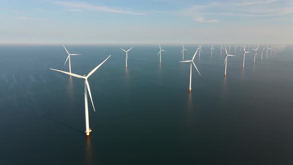 Wind Turbine From Aerial View Drone View at Windpark Westermeerdijk a Windmill Farm in the Lake