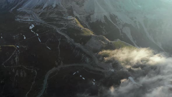 Aerial of Road Under Tre Cime di Lavaredo Mountain in Dolomites Alps Italy