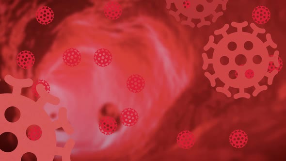 Animation of macro red coronavirus cells spinning and spreading on red background