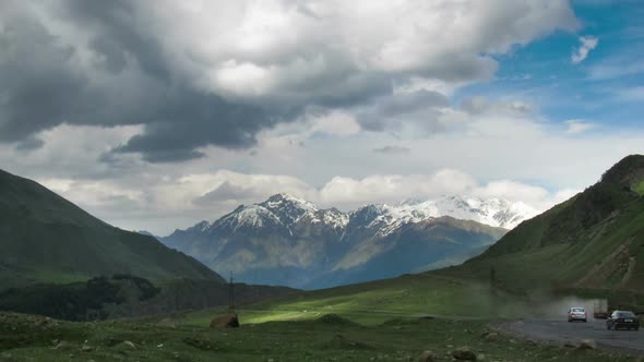 Clouds Moving Over the Georgian Mountains. Cinemagraph. Mount Kazbek. Time Lapse